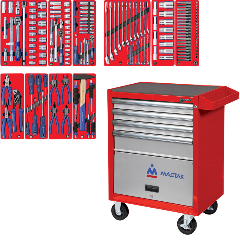 МАСТАК Набор инструментов "СТАНДАРТ" в красной тележке, 186 предметов 52-04186R