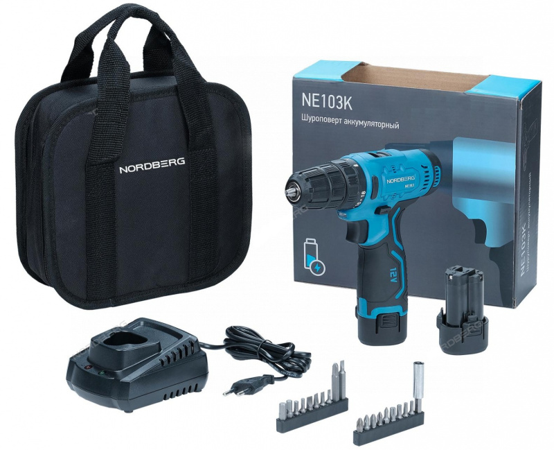 Шуруповерт аккумуляторный макс Ø сверла 10мм, 12В, 30Нм с2  акк. и зар. уст-вом NORDBERG NE103K+NE90